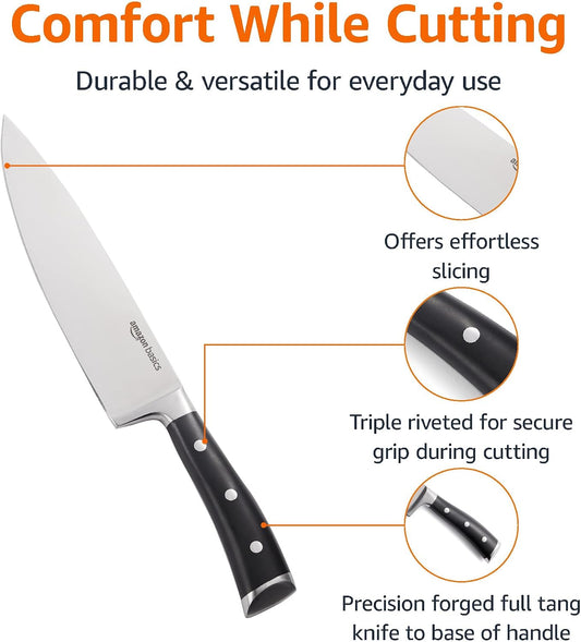 Classic 8-inch Full Tang High Carbon Stainless Steel Chef's Knife, Multipurpose Kitchen Knife with Three Rivets, Silver