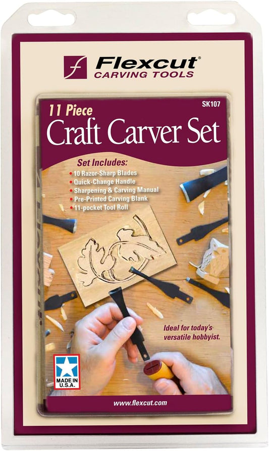 Wood Carving Tools | 11 Piece Craft Carver Set | Includes 10 1095 High Carbon Steel Blades and Interchangeable Ergonomic ABS Handle | SK107 | Made in the U.S.A.