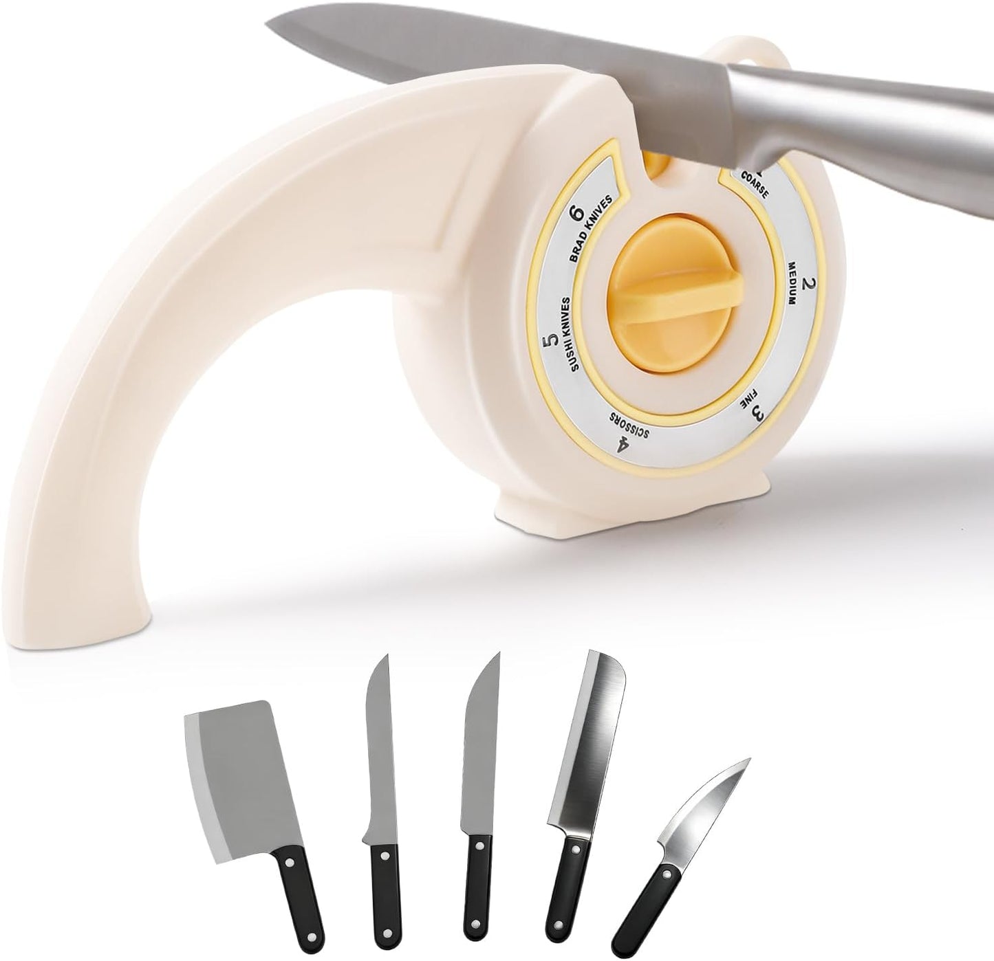 6-in-1 Knife Sharpener with Rotary Knob, Multi-Use Sharpener for Kitchen Knives, Scissors & Bread Knives, Non-Slip Base, Hole for Hanging & Compact Design,Professional Manual Blade Sharpening