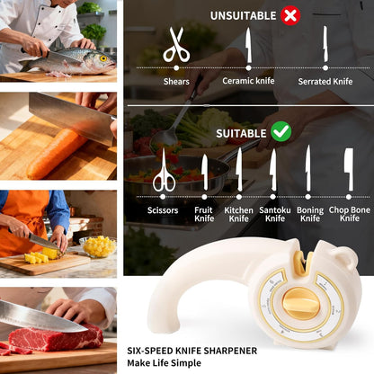6-in-1 Knife Sharpener with Rotary Knob, Multi-Use Sharpener for Kitchen Knives, Scissors & Bread Knives, Non-Slip Base, Hole for Hanging & Compact Design,Professional Manual Blade Sharpening