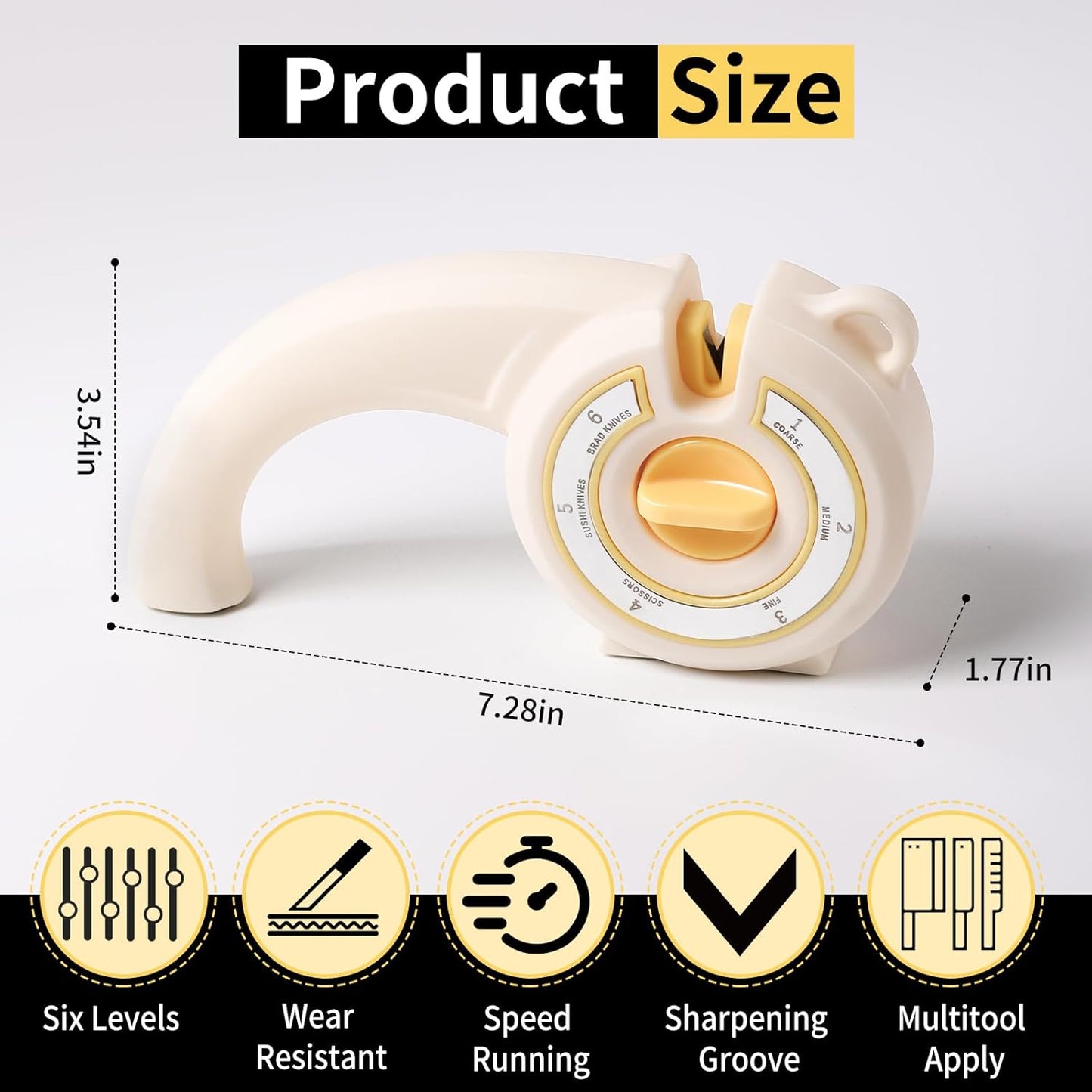 6-in-1 Knife Sharpener with Rotary Knob, Multi-Use Sharpener for Kitchen Knives, Scissors & Bread Knives, Non-Slip Base, Hole for Hanging & Compact Design,Professional Manual Blade Sharpening