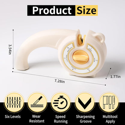 6-in-1 Knife Sharpener with Rotary Knob, Multi-Use Sharpener for Kitchen Knives, Scissors & Bread Knives, Non-Slip Base, Hole for Hanging & Compact Design,Professional Manual Blade Sharpening