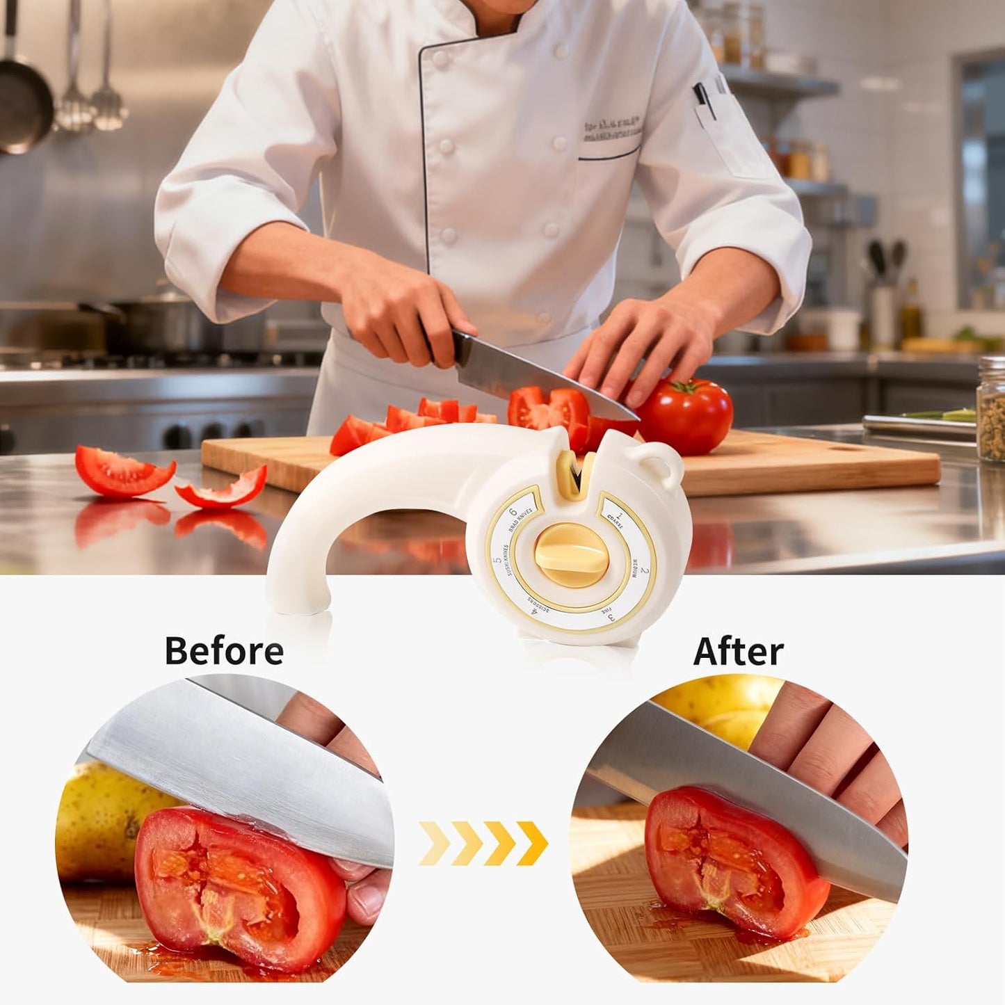 6-in-1 Knife Sharpener with Rotary Knob, Multi-Use Sharpener for Kitchen Knives, Scissors & Bread Knives, Non-Slip Base, Hole for Hanging & Compact Design,Professional Manual Blade Sharpening