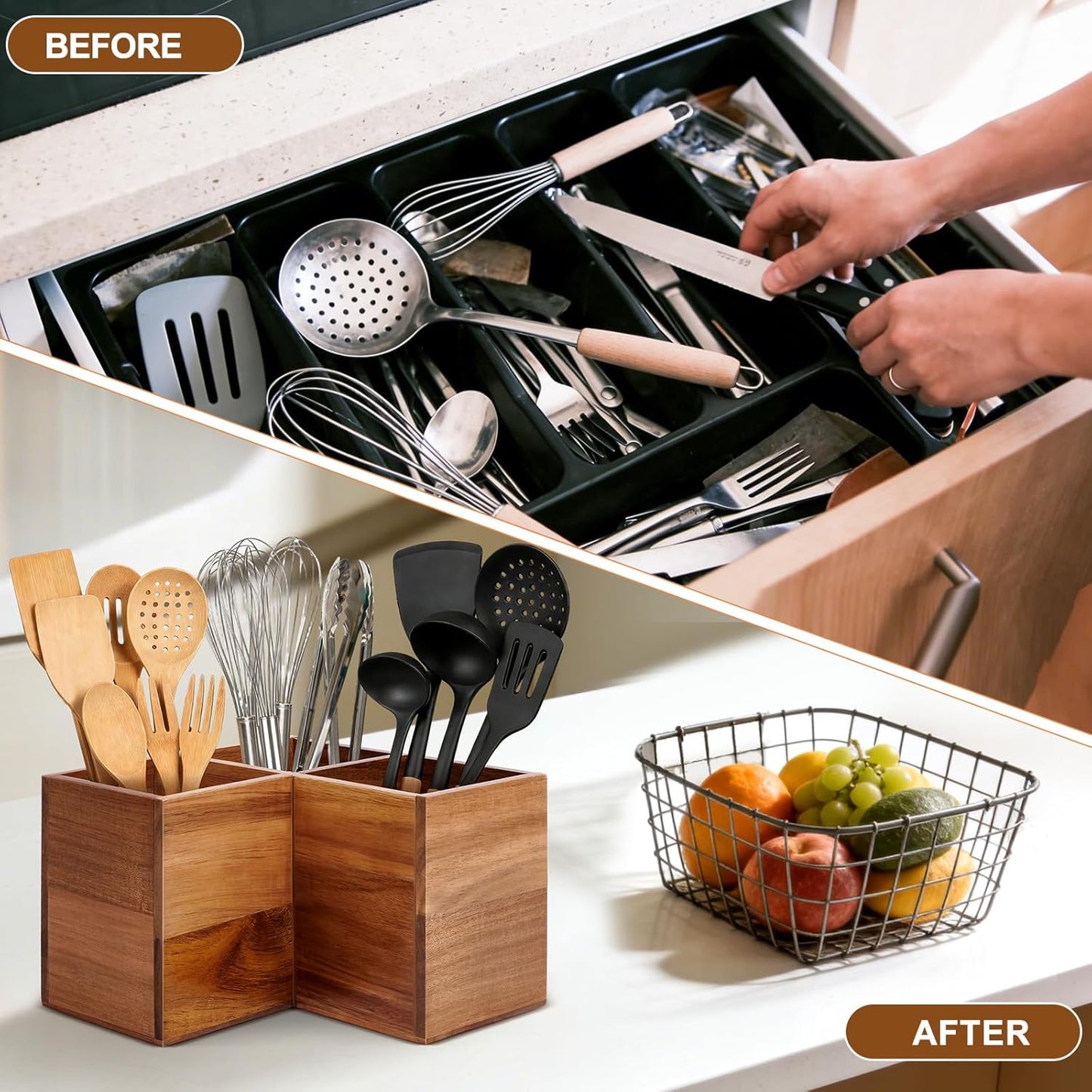 Extra Large Wooden Kitchen Corner Utensil Holder with 3 Compartments, Acacia Wood Countertop Utensil Organizer for Spoons Forks Knives, Space Saving Corner Storage Rack