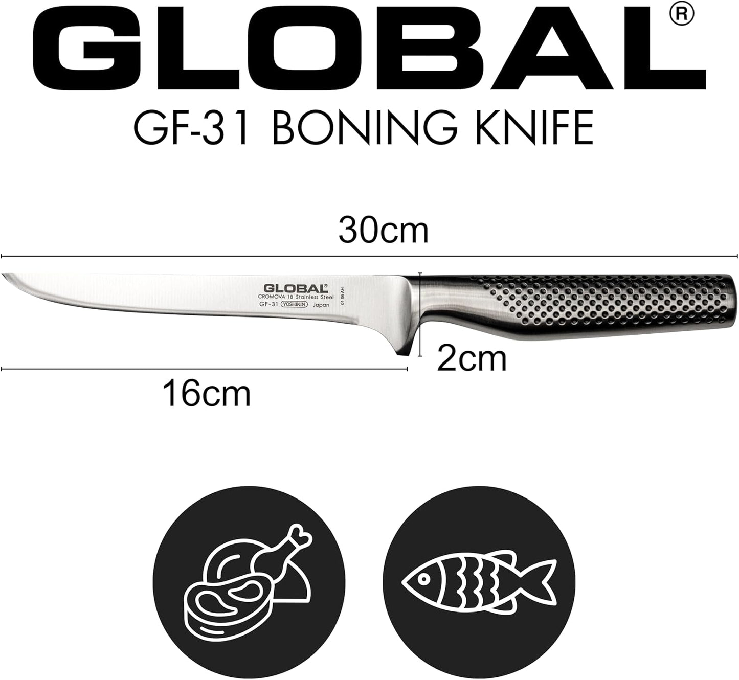 Global GF-31-6 1/4 inch, 16cm Heavyweight Boning Knife, 6, Stainless Steel