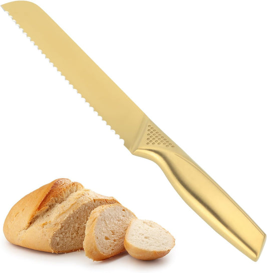 Bread Knives, 8 Inches Stainless Steel Razor Sharp Wavy Edge Serrated Knife for Slicing Homemade Bread Sourdough, Gold