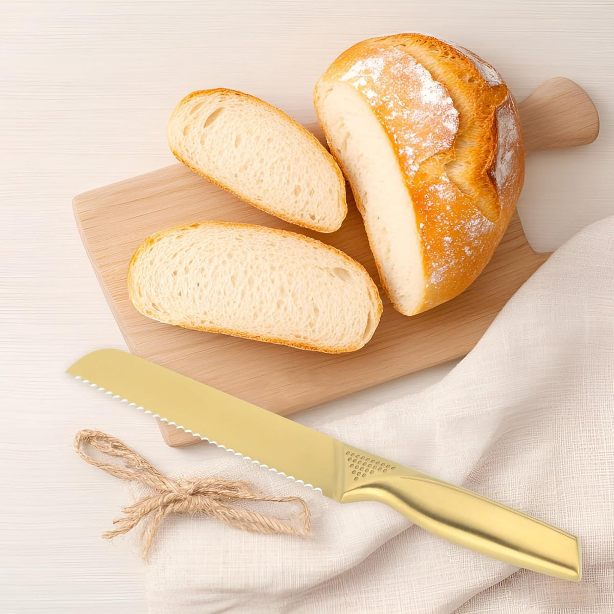 Bread Knives, 8 Inches Stainless Steel Razor Sharp Wavy Edge Serrated Knife for Slicing Homemade Bread Sourdough, Gold