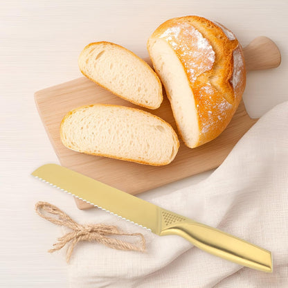 Bread Knives, 8 Inches Stainless Steel Razor Sharp Wavy Edge Serrated Knife for Slicing Homemade Bread Sourdough, Gold