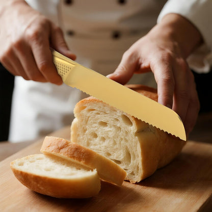 Bread Knives, 8 Inches Stainless Steel Razor Sharp Wavy Edge Serrated Knife for Slicing Homemade Bread Sourdough, Gold