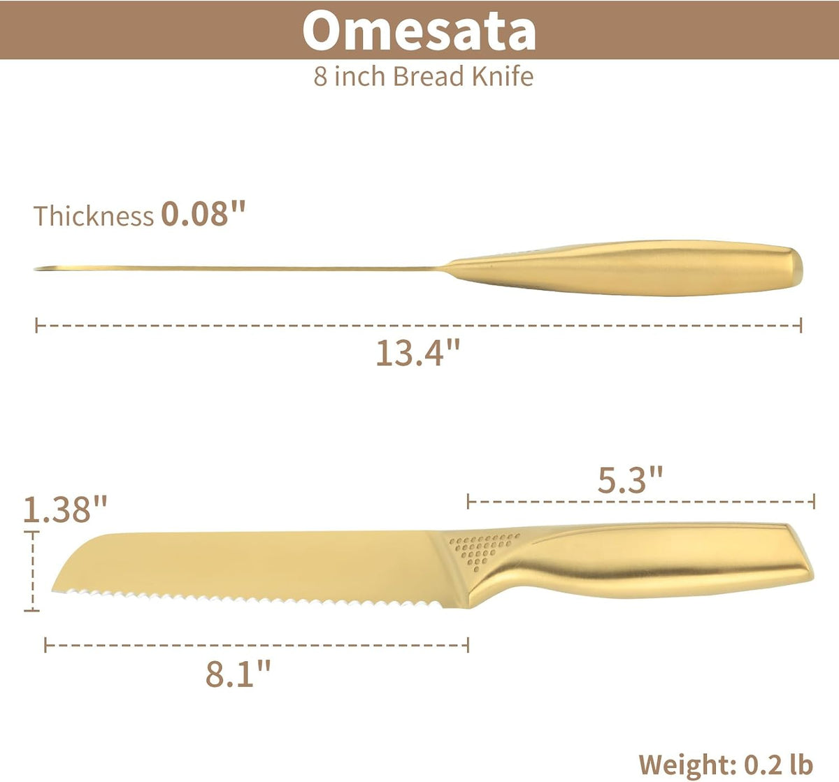 Bread Knives, 8 Inches Stainless Steel Razor Sharp Wavy Edge Serrated Knife for Slicing Homemade Bread Sourdough, Gold
