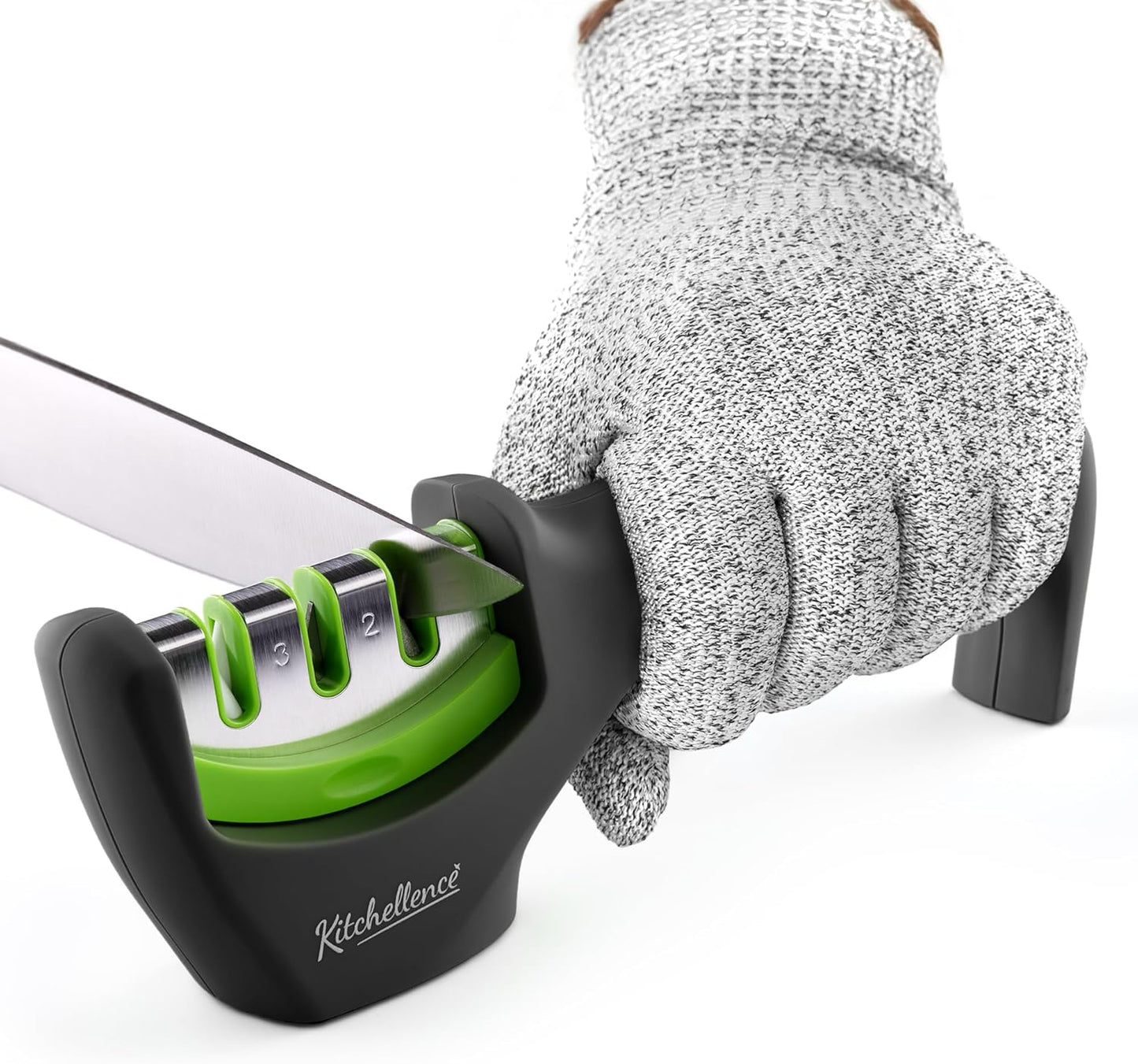 4-in-1 Kitchen Knife Accessories: 3-Stage Knife Sharpener Helps Repair, Restore, Polish Blades and Cut-Resistant Glove (Black)