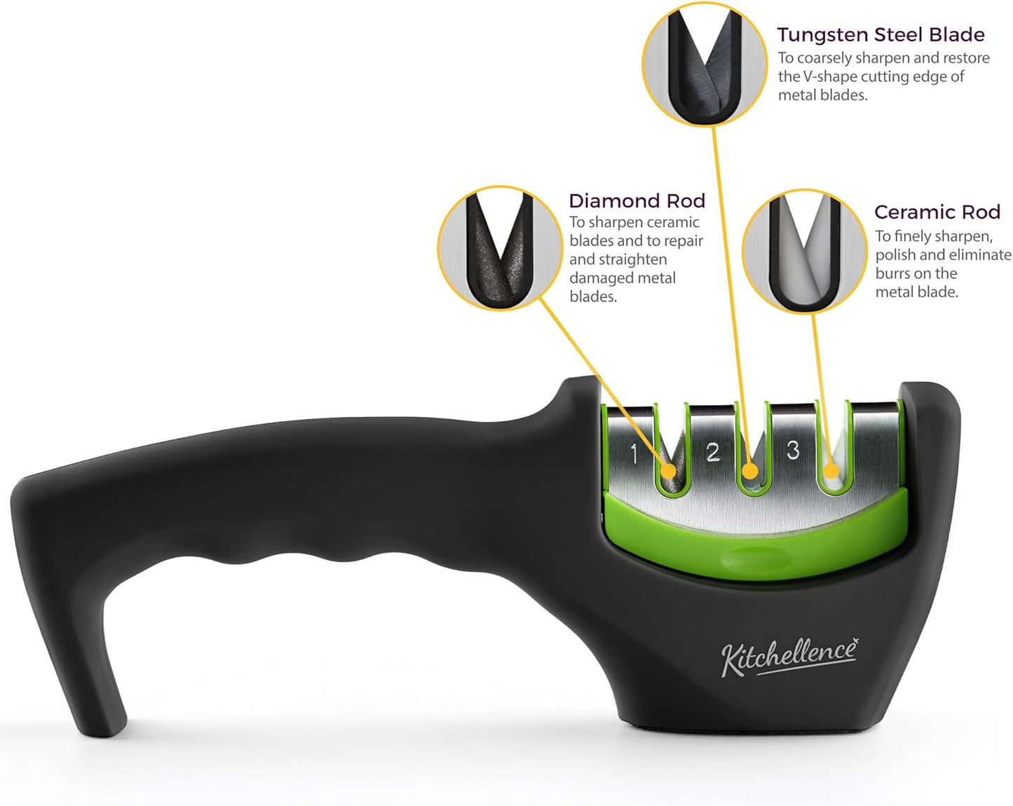 4-in-1 Kitchen Knife Accessories: 3-Stage Knife Sharpener Helps Repair, Restore, Polish Blades and Cut-Resistant Glove (Black)