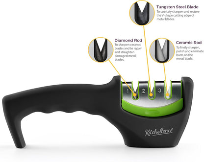 4-in-1 Kitchen Knife Accessories: 3-Stage Knife Sharpener Helps Repair, Restore, Polish Blades and Cut-Resistant Glove (Black)