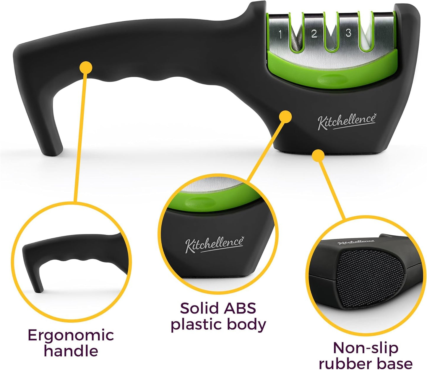 4-in-1 Kitchen Knife Accessories: 3-Stage Knife Sharpener Helps Repair, Restore, Polish Blades and Cut-Resistant Glove (Black)