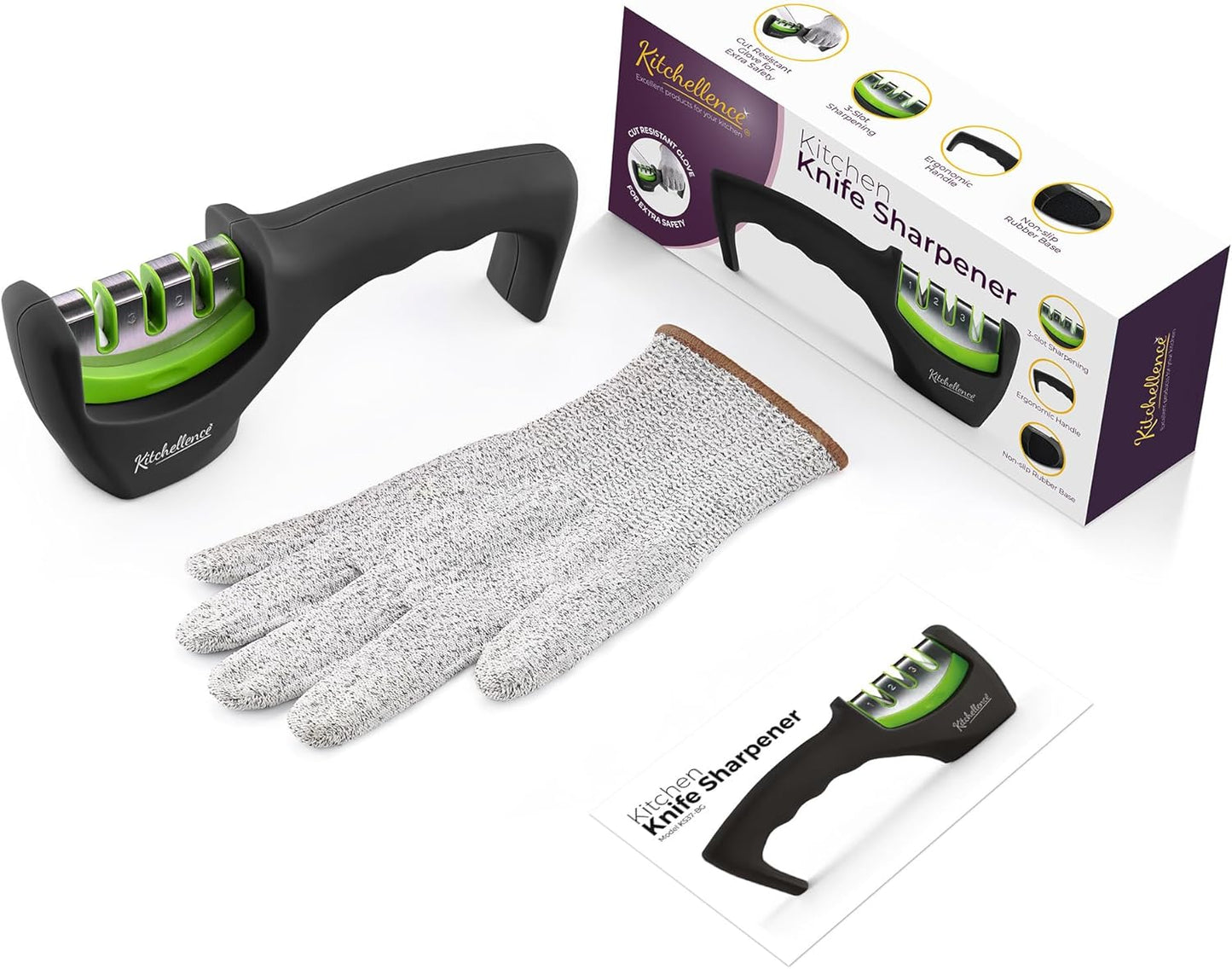 4-in-1 Kitchen Knife Accessories: 3-Stage Knife Sharpener Helps Repair, Restore, Polish Blades and Cut-Resistant Glove (Black)
