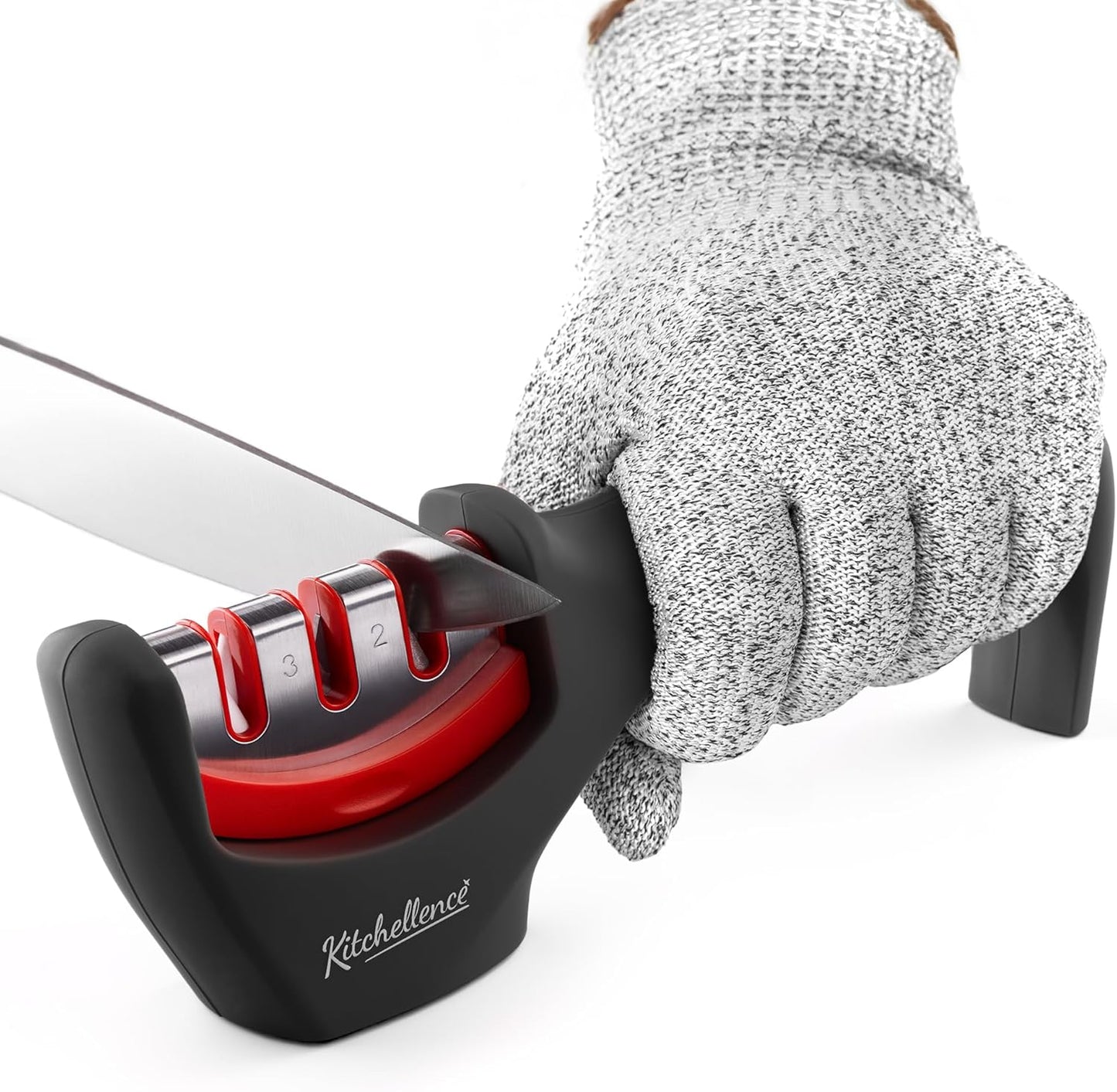 4-in-1 Kitchen Knife Accessories: 3-Stage Knife Sharpener Helps Repair, Restore, Polish Blades and Cut-Resistant Glove (Black)
