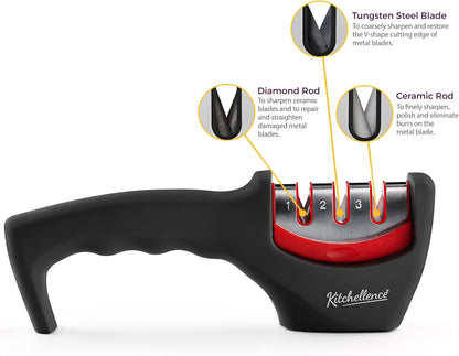 4-in-1 Kitchen Knife Accessories: 3-Stage Knife Sharpener Helps Repair, Restore, Polish Blades and Cut-Resistant Glove (Black)