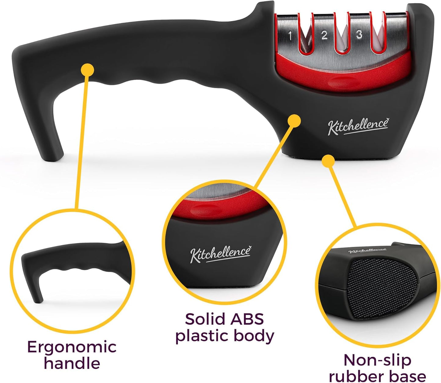 4-in-1 Kitchen Knife Accessories: 3-Stage Knife Sharpener Helps Repair, Restore, Polish Blades and Cut-Resistant Glove (Black)