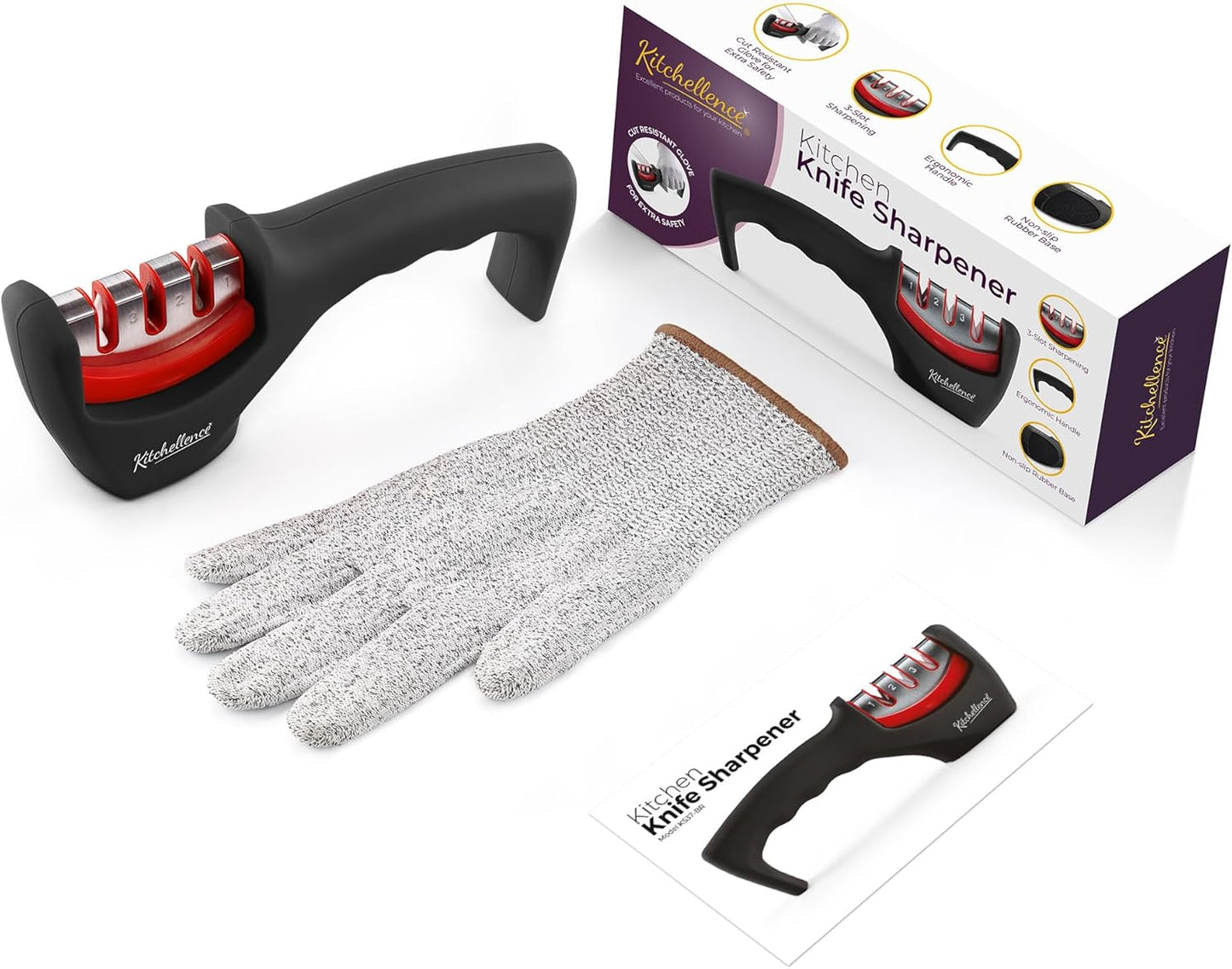 4-in-1 Kitchen Knife Accessories: 3-Stage Knife Sharpener Helps Repair, Restore, Polish Blades and Cut-Resistant Glove (Black)