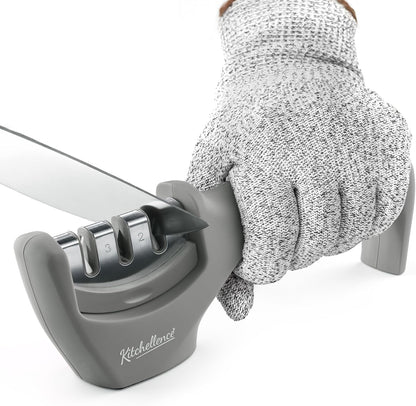 4-in-1 Kitchen Knife Accessories: 3-Stage Knife Sharpener Helps Repair, Restore, Polish Blades and Cut-Resistant Glove (Black)
