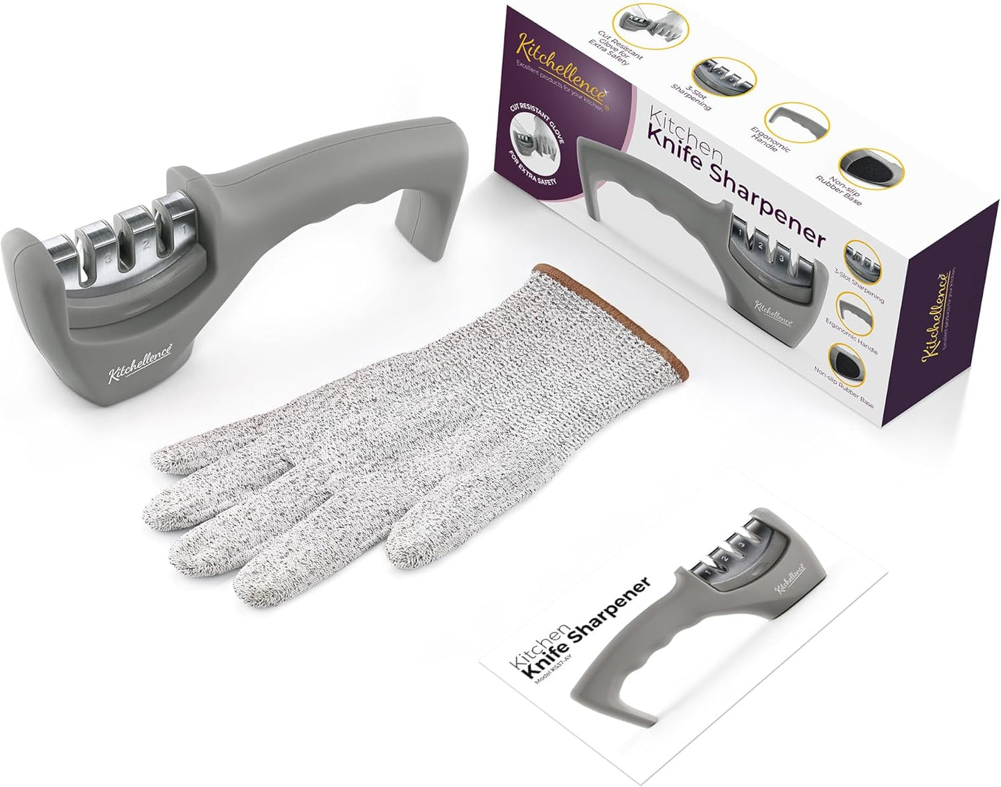 4-in-1 Kitchen Knife Accessories: 3-Stage Knife Sharpener Helps Repair, Restore, Polish Blades and Cut-Resistant Glove (Black)