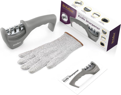 4-in-1 Kitchen Knife Accessories: 3-Stage Knife Sharpener Helps Repair, Restore, Polish Blades and Cut-Resistant Glove (Black)