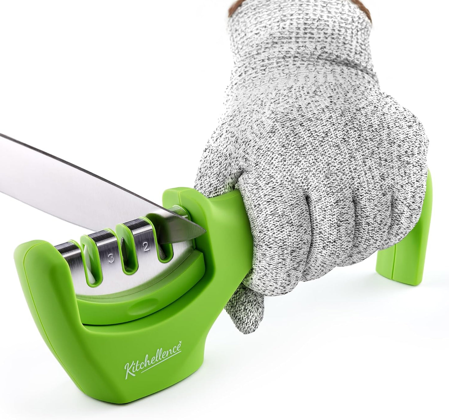 4-in-1 Kitchen Knife Accessories: 3-Stage Knife Sharpener Helps Repair, Restore, Polish Blades and Cut-Resistant Glove (Black)