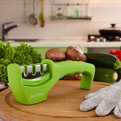 4-in-1 Kitchen Knife Accessories: 3-Stage Knife Sharpener Helps Repair, Restore, Polish Blades and Cut-Resistant Glove (Black)