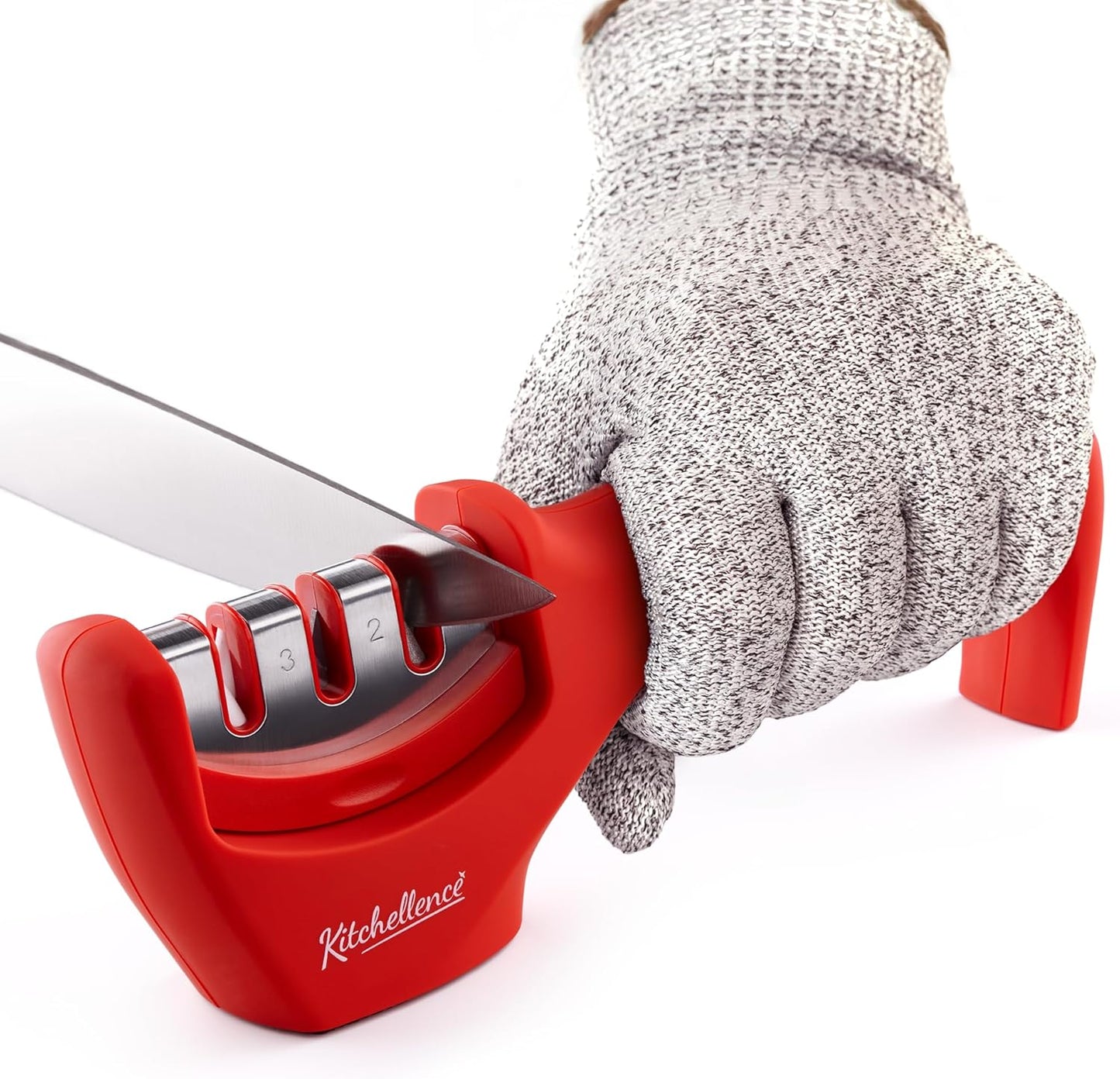 4-in-1 Kitchen Knife Accessories: 3-Stage Knife Sharpener Helps Repair, Restore, Polish Blades and Cut-Resistant Glove (Black)