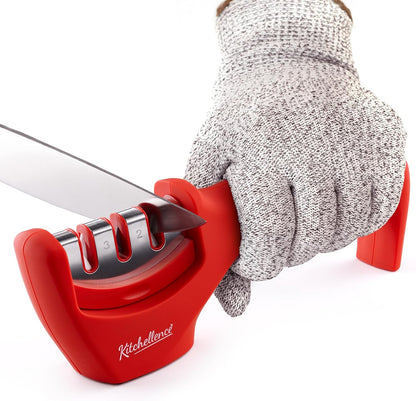 4-in-1 Kitchen Knife Accessories: 3-Stage Knife Sharpener Helps Repair, Restore, Polish Blades and Cut-Resistant Glove (Black)