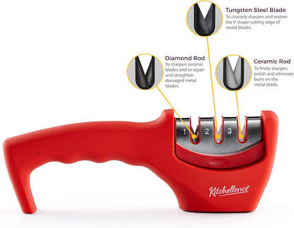 4-in-1 Kitchen Knife Accessories: 3-Stage Knife Sharpener Helps Repair, Restore, Polish Blades and Cut-Resistant Glove (Black)