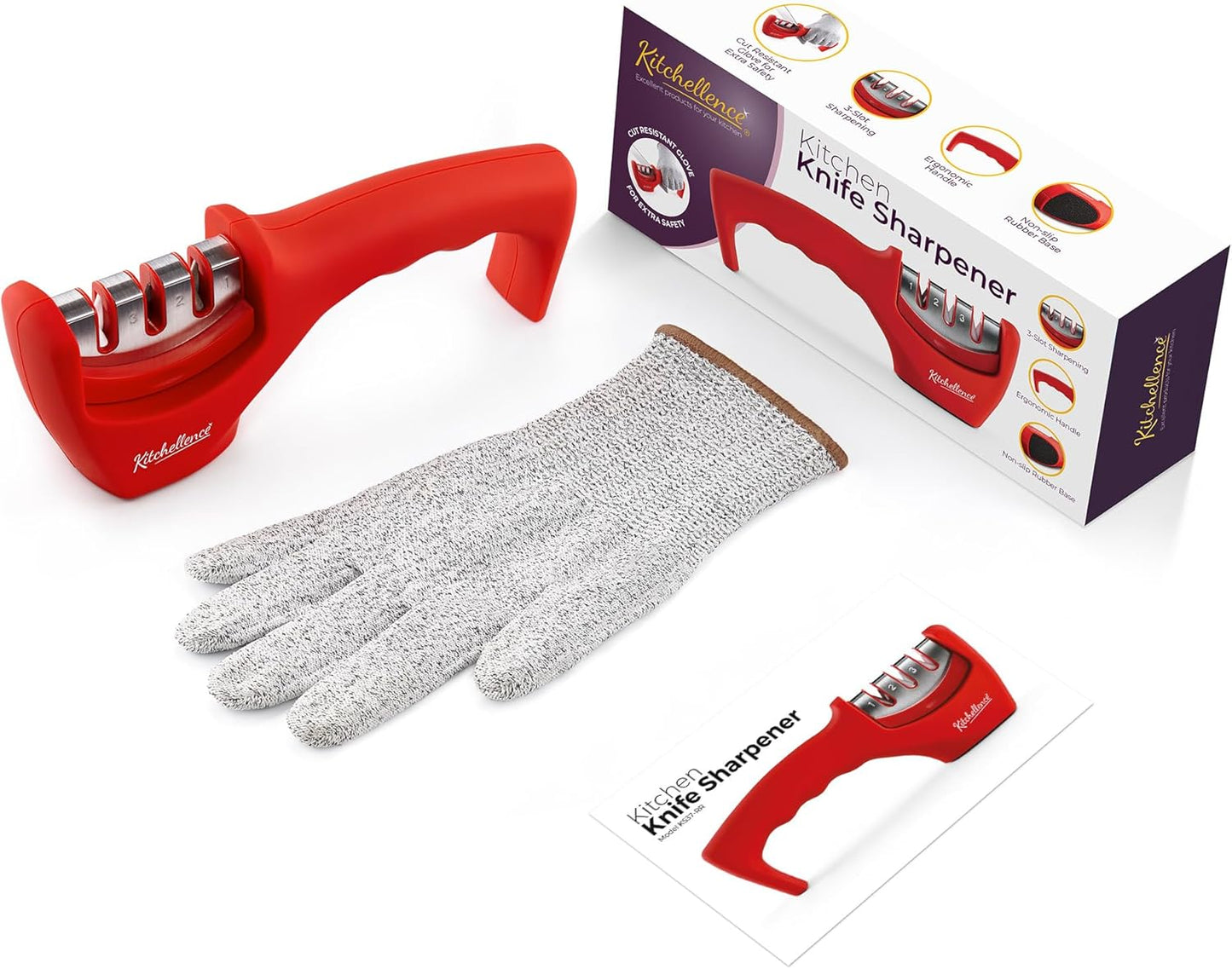 4-in-1 Kitchen Knife Accessories: 3-Stage Knife Sharpener Helps Repair, Restore, Polish Blades and Cut-Resistant Glove (Black)
