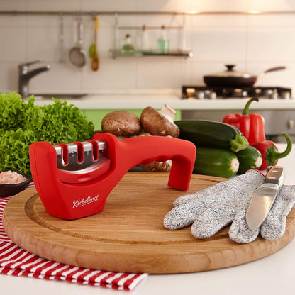 4-in-1 Kitchen Knife Accessories: 3-Stage Knife Sharpener Helps Repair, Restore, Polish Blades and Cut-Resistant Glove (Black)