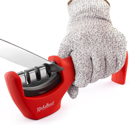 4-in-1 Kitchen Knife Accessories: 3-Stage Knife Sharpener Helps Repair, Restore, Polish Blades and Cut-Resistant Glove (Black)
