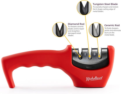 4-in-1 Kitchen Knife Accessories: 3-Stage Knife Sharpener Helps Repair, Restore, Polish Blades and Cut-Resistant Glove (Black)