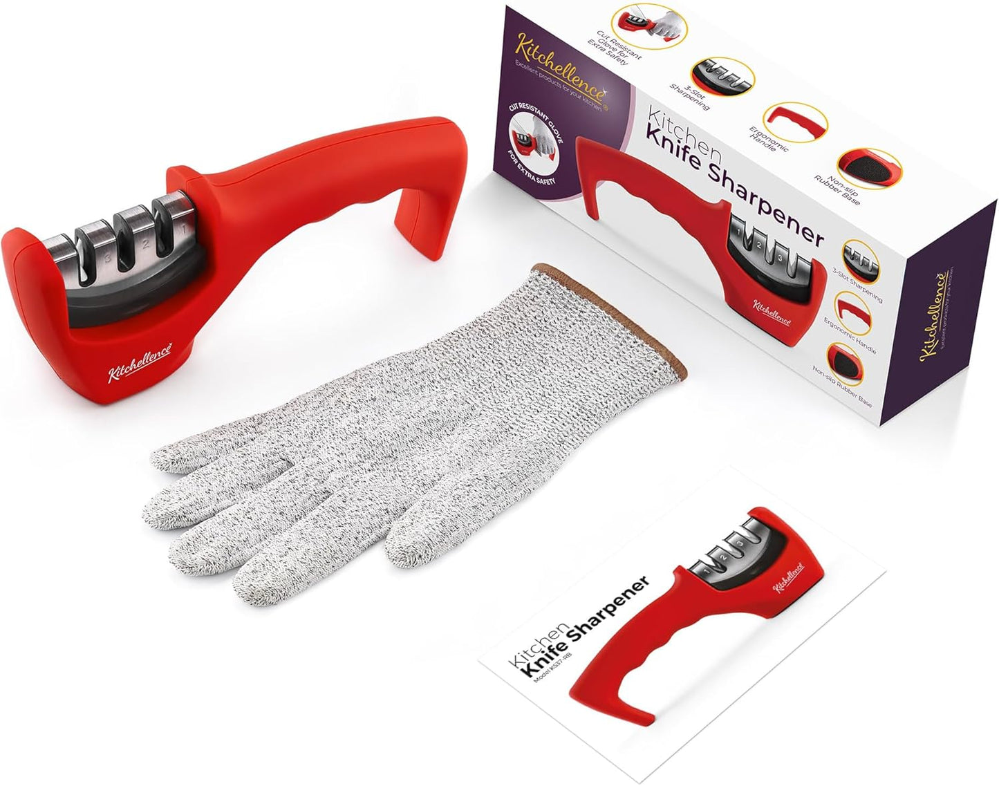 4-in-1 Kitchen Knife Accessories: 3-Stage Knife Sharpener Helps Repair, Restore, Polish Blades and Cut-Resistant Glove (Black)