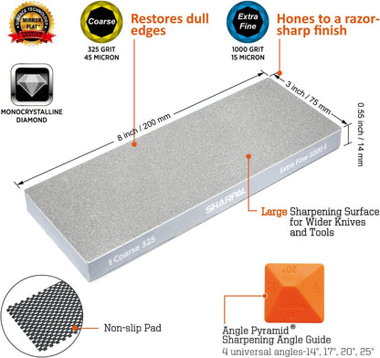168H Large 8" x 3" Dual-Grit Diamond Sharpening Stone – Coarse 325 & Extra-Fine 1000 Grit Monocrystalline Diamond Whetstone, Professional Knife Sharpener with Anti-Slip Pad and Angle Guide