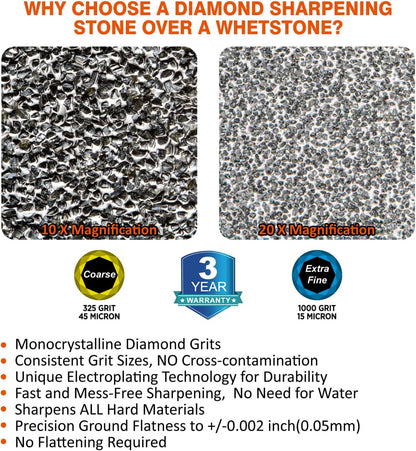 168H Large 8" x 3" Dual-Grit Diamond Sharpening Stone – Coarse 325 & Extra-Fine 1000 Grit Monocrystalline Diamond Whetstone, Professional Knife Sharpener with Anti-Slip Pad and Angle Guide