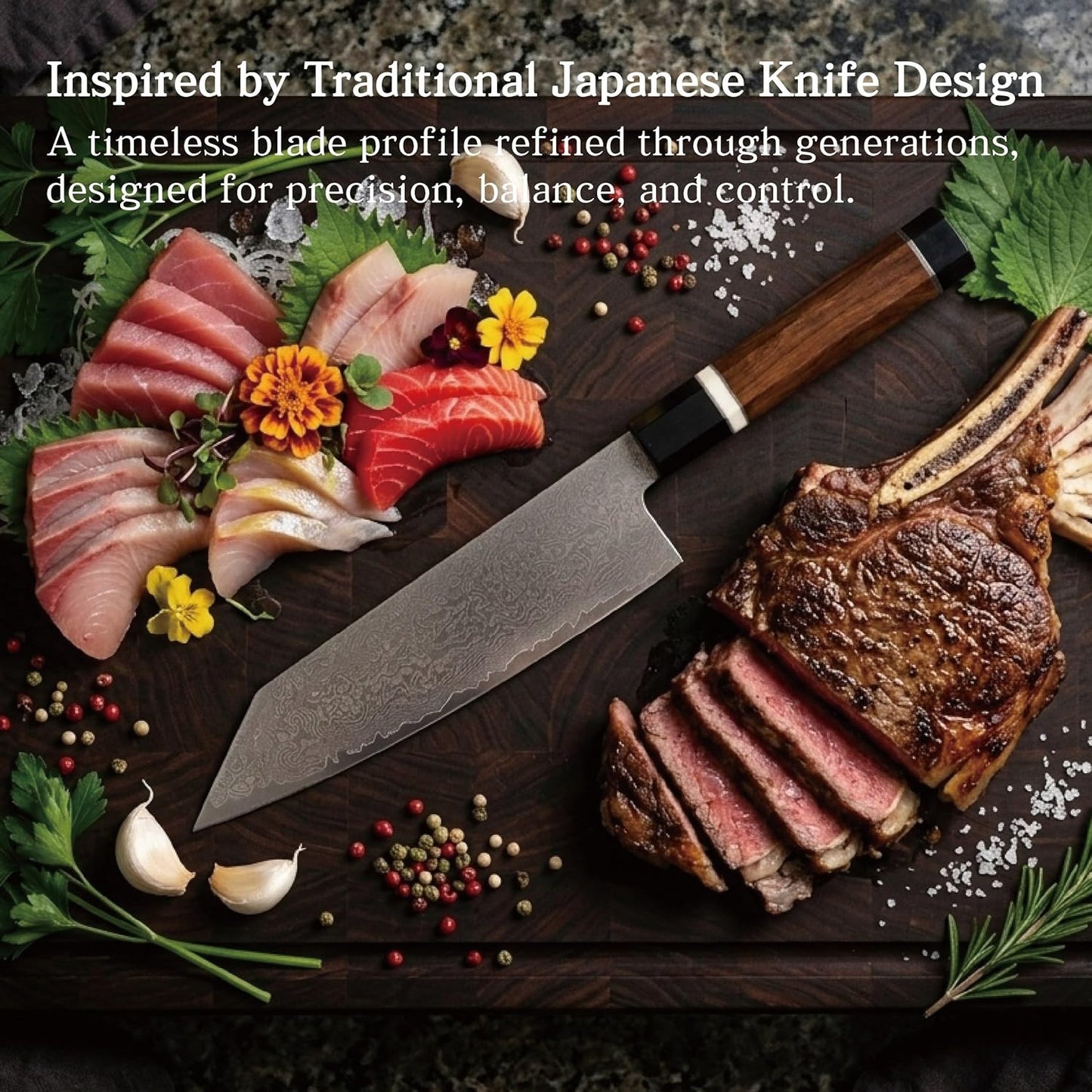 Kagetsu Kiritsuke Gyuto Chef Knife 8.5", 67 Layer Damascus Steel Japanese Style Chef Knife, Ironwood Octagonal Handle