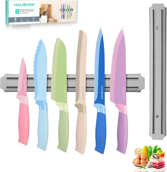 6PCS Colorful Kitchen Knife Set with Magnetic Knife Strip for Wall | Knives Set for Kitchen, Non-Stick Coated Stainless Steel Blades for Slicing, Dicing, Magnetic Knife Holder for Storage