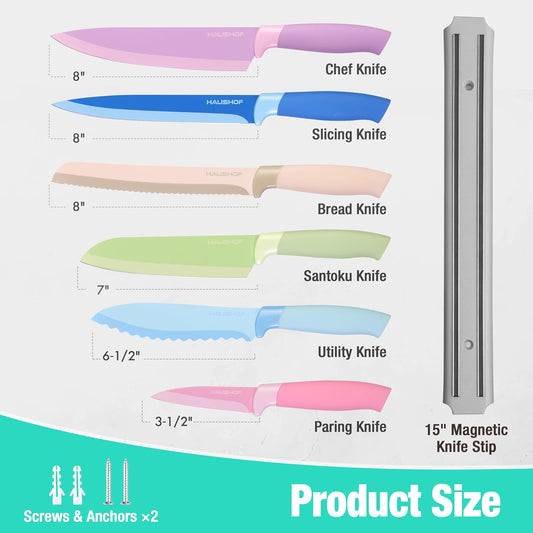 6PCS Colorful Kitchen Knife Set with Magnetic Knife Strip for Wall | Knives Set for Kitchen, Non-Stick Coated Stainless Steel Blades for Slicing, Dicing, Magnetic Knife Holder for Storage
