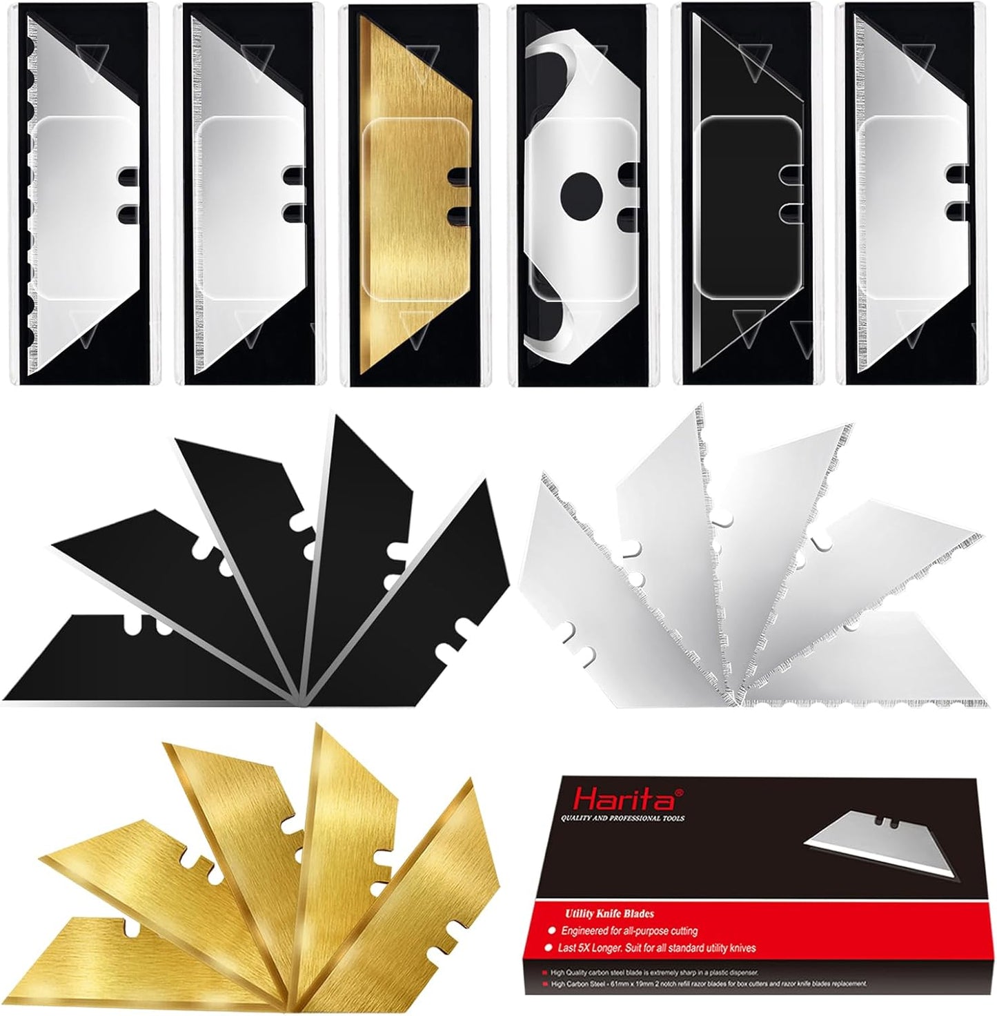 60 Pack Utility Knife Blade VARIETY PACK - Multi-Type SK5 Heavy Duty Blades with Plastic Case - Universal Fit for Standard Box Cutters