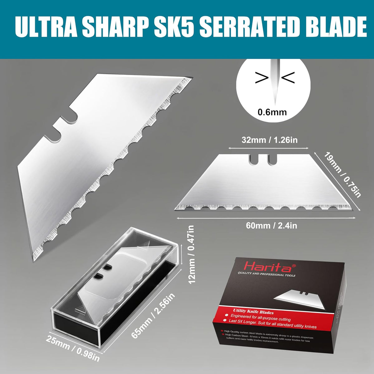 60 Pack Utility Knife Blade VARIETY PACK - Multi-Type SK5 Heavy Duty Blades with Plastic Case - Universal Fit for Standard Box Cutters