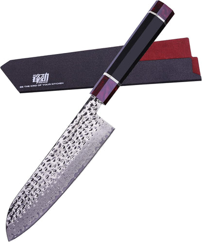 Eternity Series Japanese Santoku Knife with ABS sheath, Professional Kitchen Knife, 9Cr18MoV Damascus Steel Blade, Resin Octagonal Handle, for Meat, Fruits, Vegetables, 7 Inches