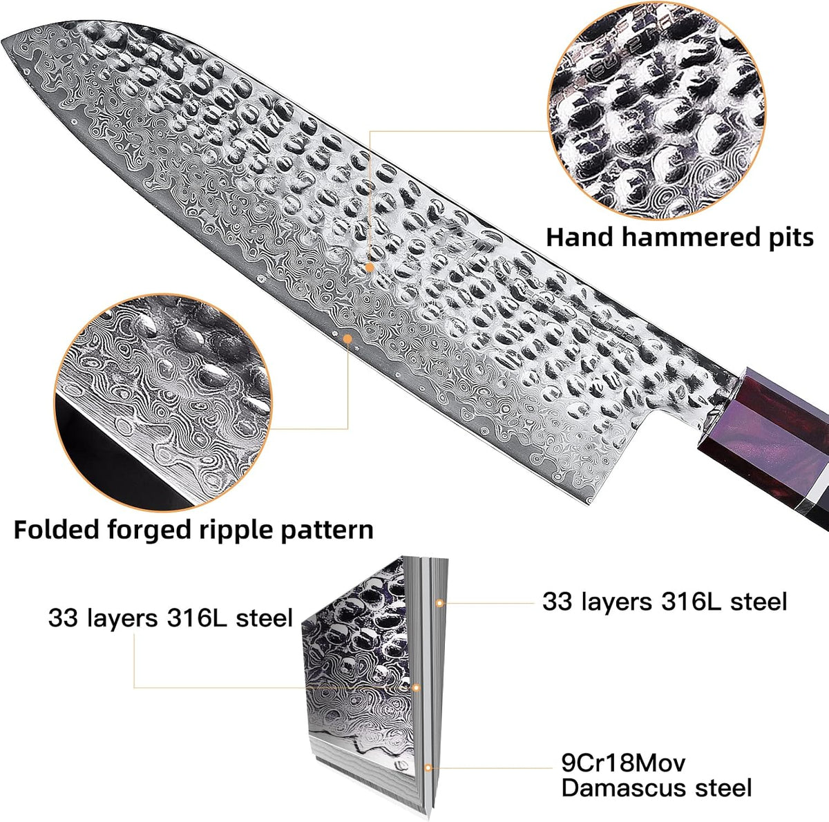 Eternity Series Japanese Santoku Knife with ABS sheath, Professional Kitchen Knife, 9Cr18MoV Damascus Steel Blade, Resin Octagonal Handle, for Meat, Fruits, Vegetables, 7 Inches