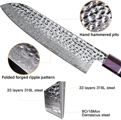 Eternity Series Japanese Santoku Knife with ABS sheath, Professional Kitchen Knife, 9Cr18MoV Damascus Steel Blade, Resin Octagonal Handle, for Meat, Fruits, Vegetables, 7 Inches
