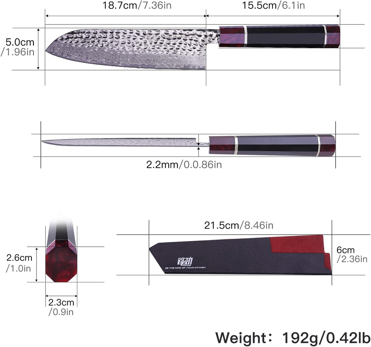 Eternity Series Japanese Santoku Knife with ABS sheath, Professional Kitchen Knife, 9Cr18MoV Damascus Steel Blade, Resin Octagonal Handle, for Meat, Fruits, Vegetables, 7 Inches