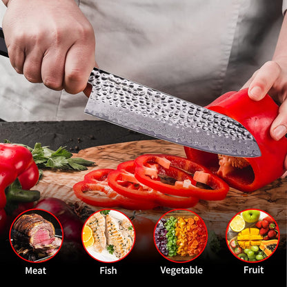 Eternity Series Japanese Santoku Knife with ABS sheath, Professional Kitchen Knife, 9Cr18MoV Damascus Steel Blade, Resin Octagonal Handle, for Meat, Fruits, Vegetables, 7 Inches