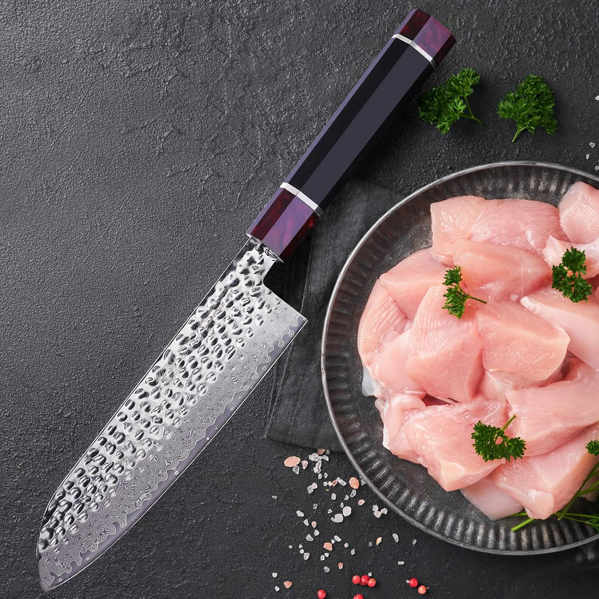 Eternity Series Japanese Santoku Knife with ABS sheath, Professional Kitchen Knife, 9Cr18MoV Damascus Steel Blade, Resin Octagonal Handle, for Meat, Fruits, Vegetables, 7 Inches