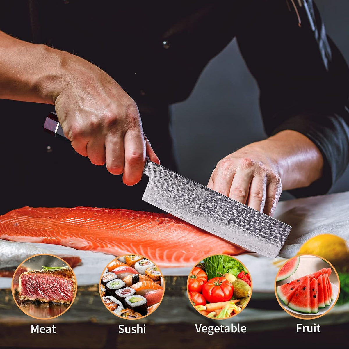 Eternity Series Japanese Santoku Knife with ABS sheath, Professional Kitchen Knife, 9Cr18MoV Damascus Steel Blade, Resin Octagonal Handle, for Meat, Fruits, Vegetables, 7 Inches